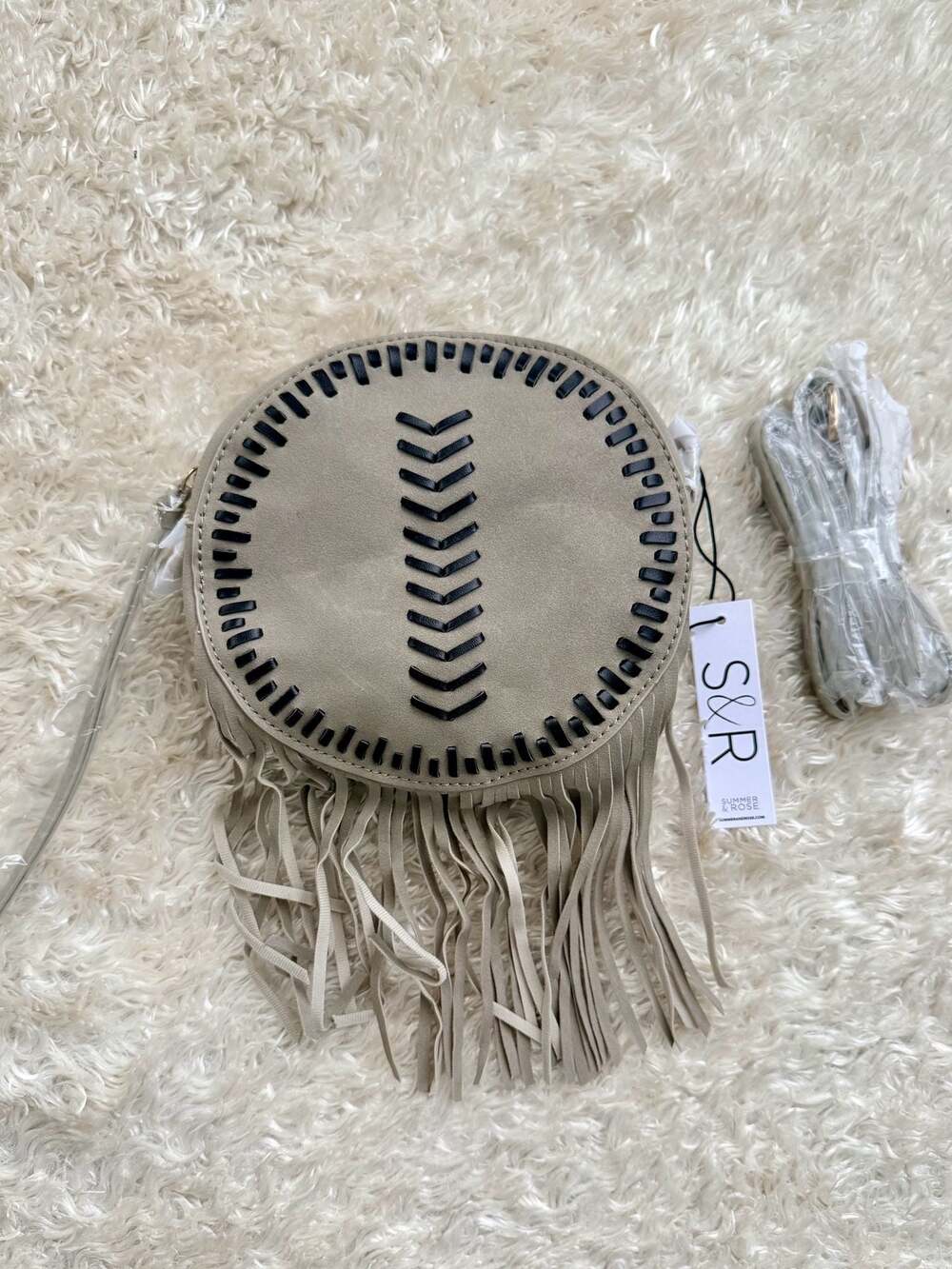 Summer & Rose Faux Suede Round Fringe Crossbody Bag